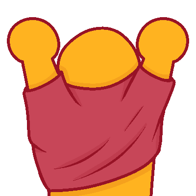 a stylized yellow person putting on a desaturated light red shirt.